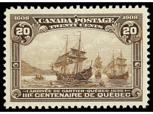 ** CANADA. Yv. 92, Sc. 103. 1908. 20 c. castaño. LUJO. Cert.