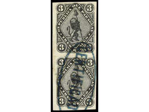 * PARAGUAY. Sc. 3 (2). 3 reales negro, pareja vertical, mat.