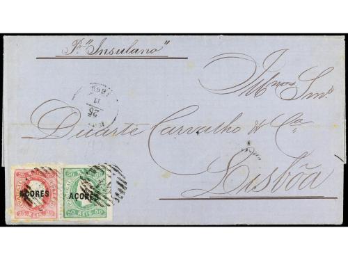 ✉ PORTUGAL: AZORES. 1868. HORTA a LISBOA. 50 reis verde y 25