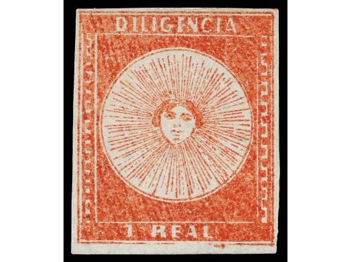 (*) URUGUAY. Sc. 3. 1856. 1 real rojo. Muy bonito ejemplar. 