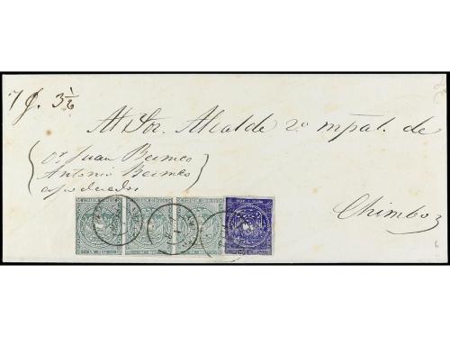 ✉ ECUADOR. (1865 ca.). AMBATO a CHIMBO. 1/2 real azul y tira