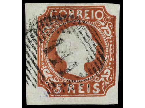 ° PORTUGAL. Mu. 5. 1855. 5 reis castaño, cabellos lisos, peq