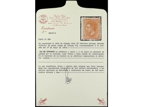 * ESPAÑA. Ed. 206. 50 cts. naranja. MAGNÍFICO EJEMPLAR. Cert