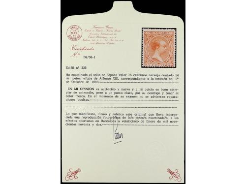 * ESPAÑA. Ed. 225. 75 cts. naranja. Leve punto claro. Cert. 