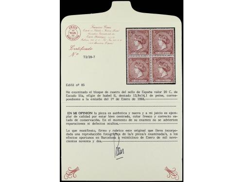 * ESPAÑA. Ed. 85 (4). 20 cts. lila. Bloque de cuatro, centra