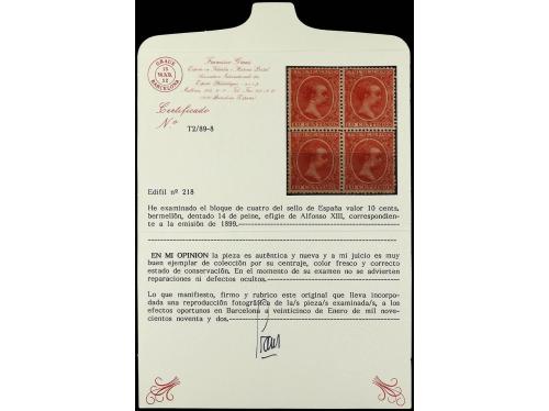 **/* ESPAÑA. Ed. 218 (4). 10 cts. bermellón. Bloque de cuatr