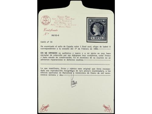 (*) ESPAÑA. Ed. 55. 1 real azul. Bonito ejemplar. Cert. GRAU