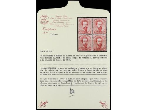 **/* ESPAÑA. Ed. 118. 5 cts. rosa. Bloque de cuatro. Muy bon