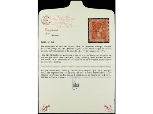 * ESPAÑA. Ed. 165. 20 cts. naranja. MAGNÍFICO EJEMPLAR. Cert