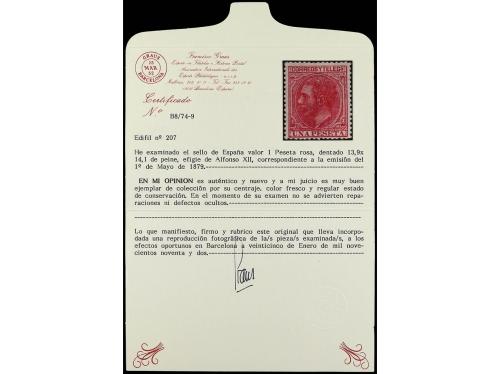 * ESPAÑA. Ed. 207. 1 pta. rosa carmín. Muy bonito ejemplar. 