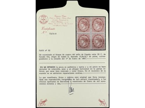 (*) ESPAÑA. Ed. 92 (4). 20 cts. lila. Bloque de cuatro. Leve