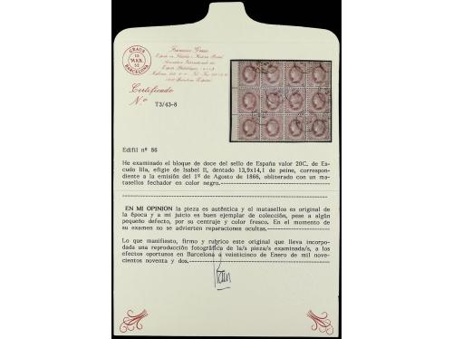 ° ESPAÑA. Ed. 86 (12). 20 cts. violeta. Bloque de doce sello