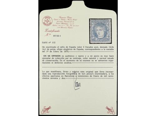 (*) ESPAÑA. Ed. 112. 2 Esc. azul. Muy bonito ejemplar. Cert.