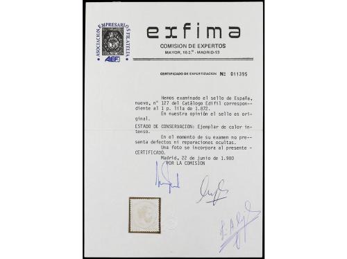 * ESPAÑA. Ed. 127. 1 peseta lila. Muy bien centrado. Cert. E