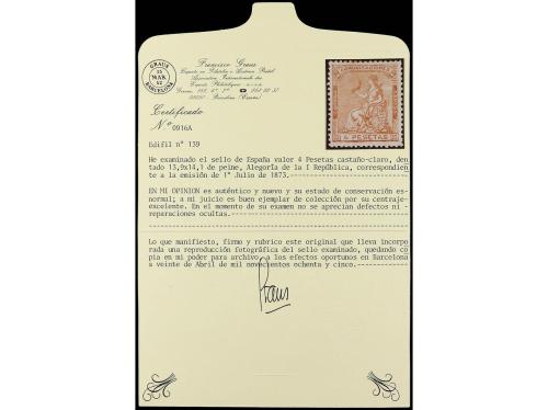 * ESPAÑA. Ed. 139. 4 pesetas castaño. PIEZA DE LUJO. Cert. G