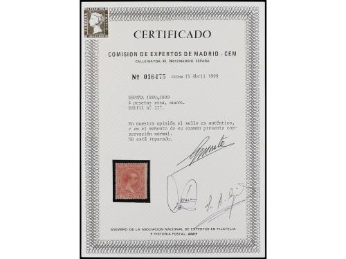 * ESPAÑA. Ed. 227. 4 pesetas rosa. Muy buen ejemplar. Cert. 