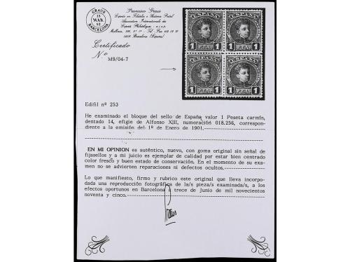 ** ESPAÑA. Ed. 253. 1 pta. carmín PIEZA DE LUJO. Cert. GRAUS