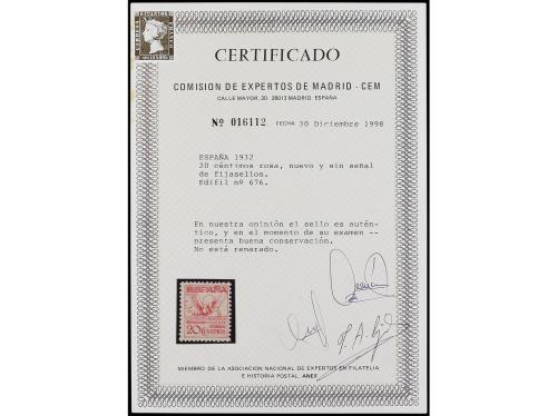 ** ESPAÑA. Ed. 676. 20 cts. rosa. Buen ejemplar. Cert. CEM. 