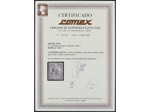 ** ESPAÑA. Ed. 145. 10 cts. ultramar. PIEZA DE LUJO. Cert. C