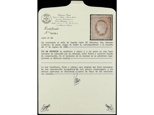 * ESPAÑA. Ed. 86. 20 cts. lila. Muy bonito ejemplar. Cert. G