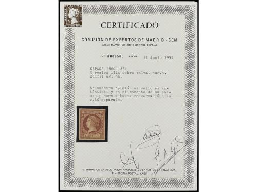 (*) ESPAÑA. Ed. 56. 2 reales lila. PIEZA DE LUJO. Cert. CEM.