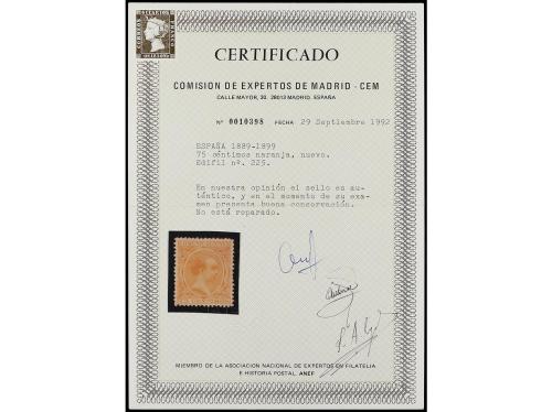 * ESPAÑA. Ed. 225. 75 cts. naranja. MAGNÍFICO EJEMPLAR. Cert