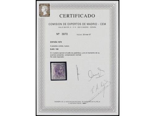 * ESPAÑA. Ed. 198. 4 pts. violeta. PIEZA DE LUJO. Cert. CEM.