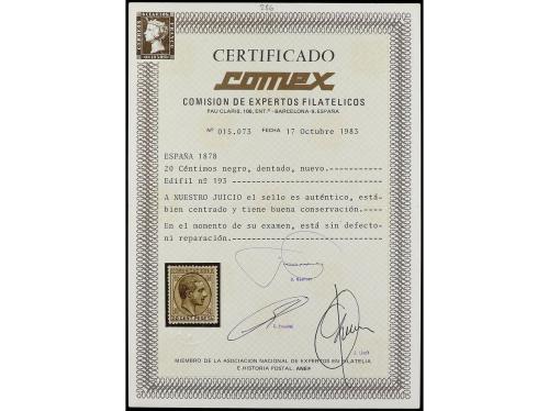 * ESPAÑA. Ed. 193. 20 cts. negro. PIEZA DE LUJO. Cert. COMEX