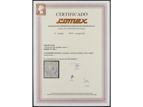 * ESPAÑA. Ed. 186. 1 pta. gris. PIEZA DE LUJO. Cert. COMEX. 