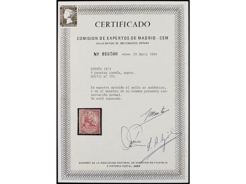 * ESPAÑA. Ed. 151. 4 pts. carmín. MAGNÍFICO EJEMPLAR. Cert. 