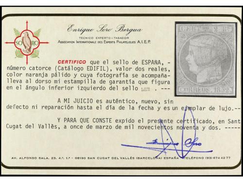 (*) ESPAÑA. Ed. 14. 2 reales naranja pálido. MAGNÍFICO EJEMP