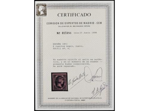 ** ESPAÑA. Ed. 6. 6 cuartos negro. PIEZA DE LUJO. Cert. CEM.