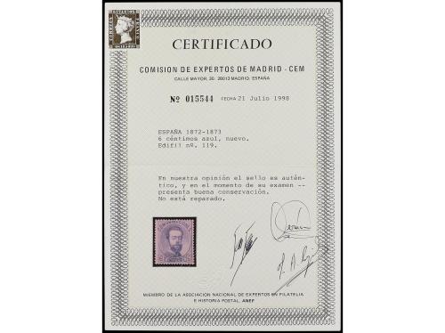 ** ESPAÑA. Ed. 119. 6 cts. azul. MAGNÍFICO EJEMPLAR. Cert. C