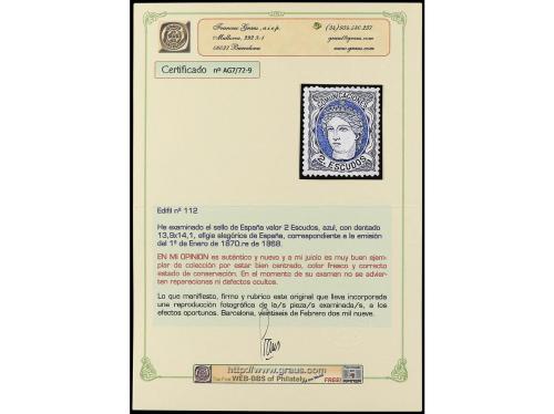 ** ESPAÑA. Ed. 112. 2 Esc. azul. PIEZA DE LUJO. Cert. GRAUS.