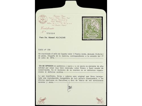 ** ESPAÑA. Ed. 150. 1 pta. verde. PIEZA DE LUJO. Cert. GRAUS