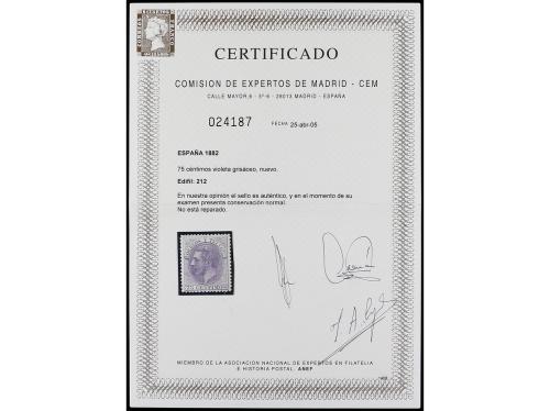 ** ESPAÑA. Ed. 212. 75 cts. gris. MAGNÍFICO EJEMPLAR. Cert. 