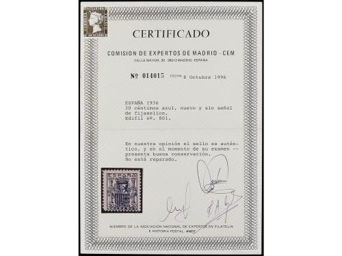 ** ESPAÑA. Ed. 801. 30 cts. azul. Bonito. Cert. CEM. Cat. 1.