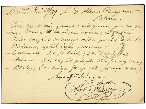 ✉ ESPAÑA. Ed. 202. 1889. Tarjeta Postal de la LIBRERIA ALVAR