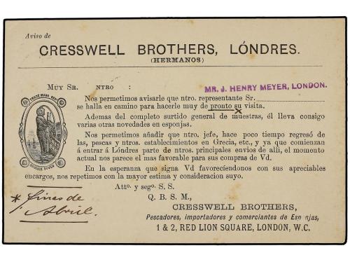 ✉ ESPAÑA. Ed. 201. (1887?). Tarjeta Postal de CRESSWELL BROT