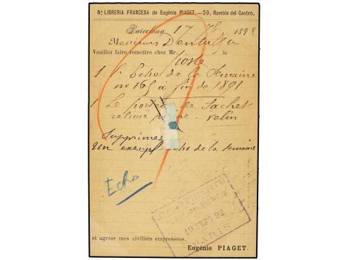 ✉ ESPAÑA. Ed. 217. 1892. Tarjeta Postal de LA LIBRERIA FRANC