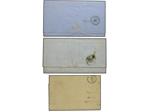 ✉ ESPAÑA. Ed. 75 (3). 1865. 4 cuartos azul. 3 cartas con fec