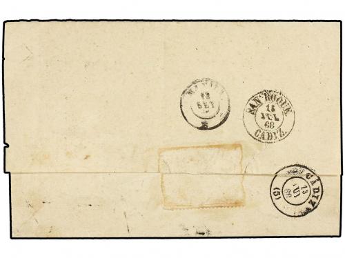 ✉ ESPAÑA. Ed. 92 (2). 1868. SEVILLA a MANILA. 20 cents. lila