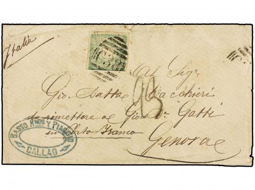 ✉ PERU. Sc. 14. 1873. CALLAO a GÉNOVA. 1 dinero verde. Mat.
