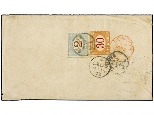 ✉ PERU. Sc. 14. 1873. CALLAO a GÉNOVA. 1 dinero verde. Mat.