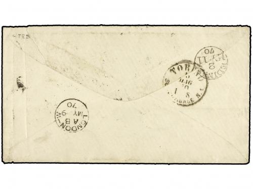 ✉ ITALIA. 1870. LIVORNO a GRAN BRETAÑA. 20 cent. azul (3).