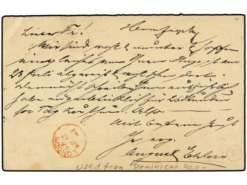 ✉ DOMINICANA. 1892. Reply card: return half of German 10 pf.