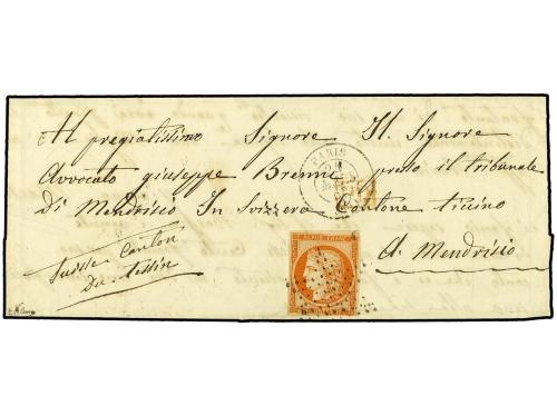✉ FRANCIA. Yv. 5f. 1852. PARÍS a MENDRISIO (Suiza). 40 cts. 