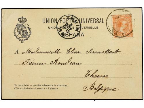 ✉ ESPAÑA. Ed. 218. 1899. VALENCIA a BÉLGICA. Tarjeta postal 