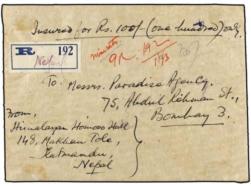 ✉ NEPAL. 1940 (Mar.). KATHMANDU to BOMBAY. Registered Declar