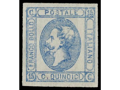 ITALIA. 1863. 15 cts. azul. Impresión en anverso y reverso (